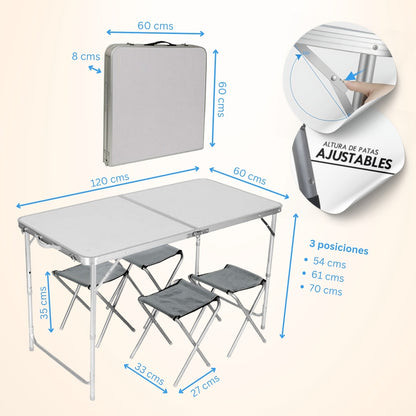 Set Plegable Mesa De Aluminio + 4 Bancos Para Camping