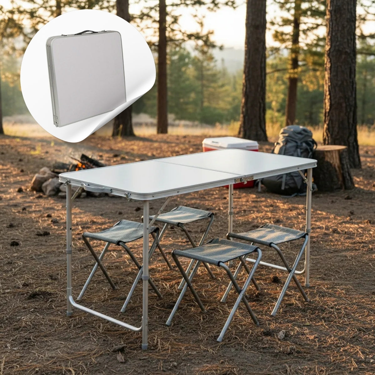 Set Plegable Mesa De Aluminio + 4 Bancos Para Camping