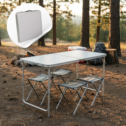 Set Plegable Mesa De Aluminio + 4 Bancos Para Camping
