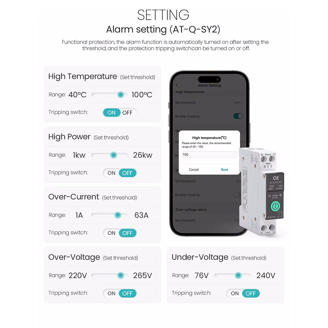 Interruptor Bipolar Wi-Fi Protección de Voltaje Control de Consumo 1-63A