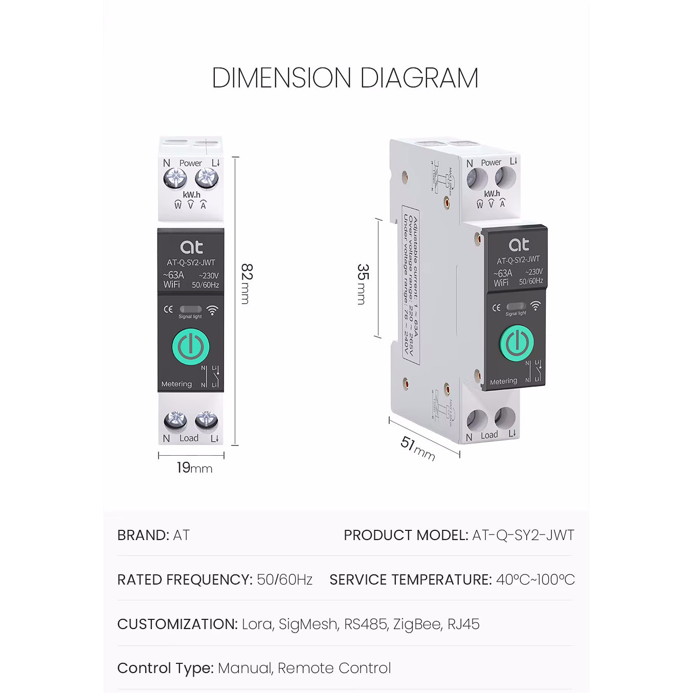Interruptor Bipolar Wi-Fi Protección de Voltaje Control de Consumo 1-63A