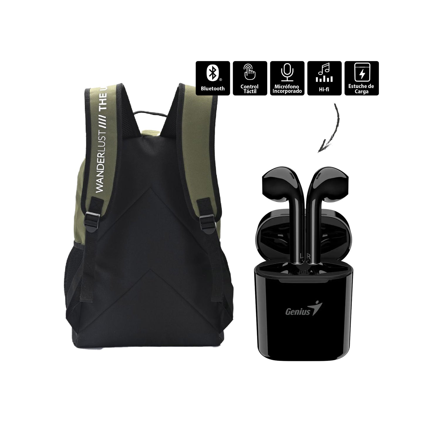 Combo: Mochila Wanderlust + Auriculares Bluetooth Genius